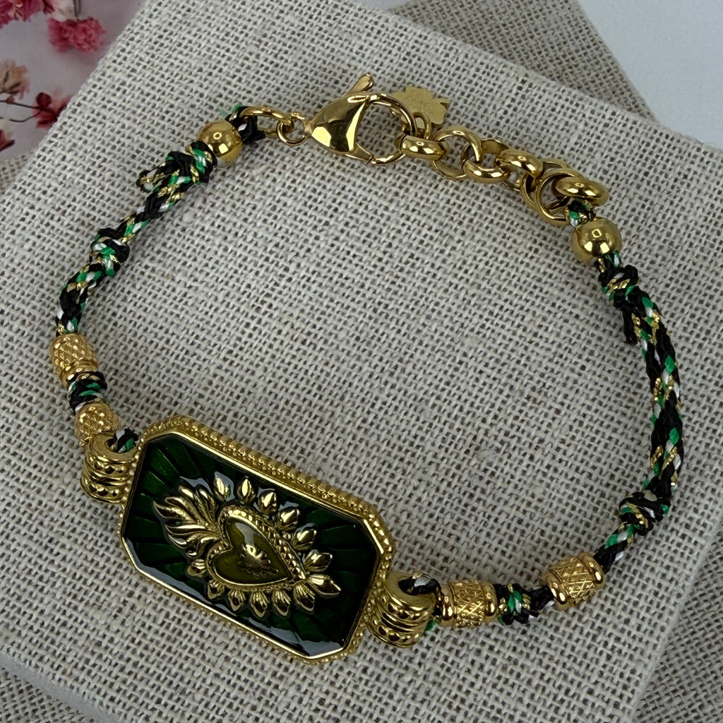 Bracelet cordon vert & noir – Médaillon doré cœur rayonnant
