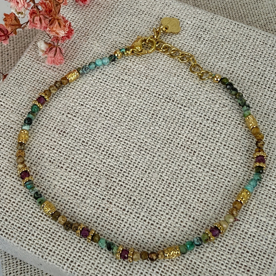 Bracelet en acier inoxydable doré – perles multicolores jaspe & rubis zoïsite – style bohème chic