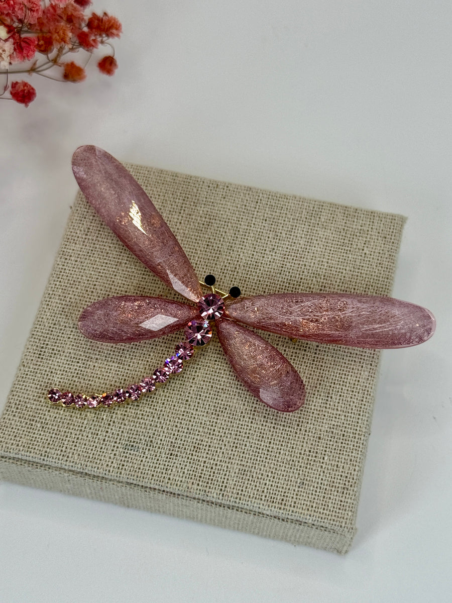 Broche libellule rose en acier inoxydable – 9 cm