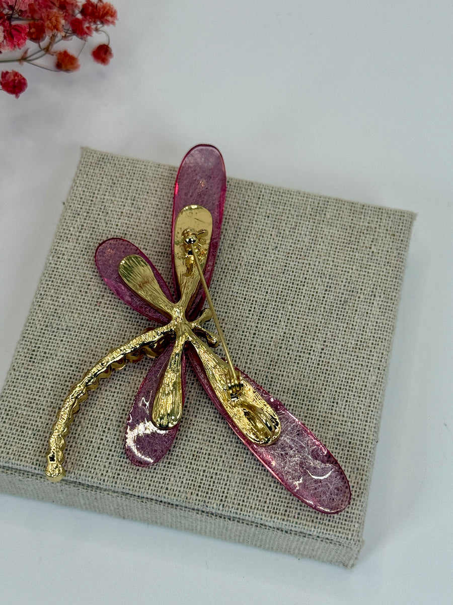 Broche libellule rose en acier inoxydable – 9 cm