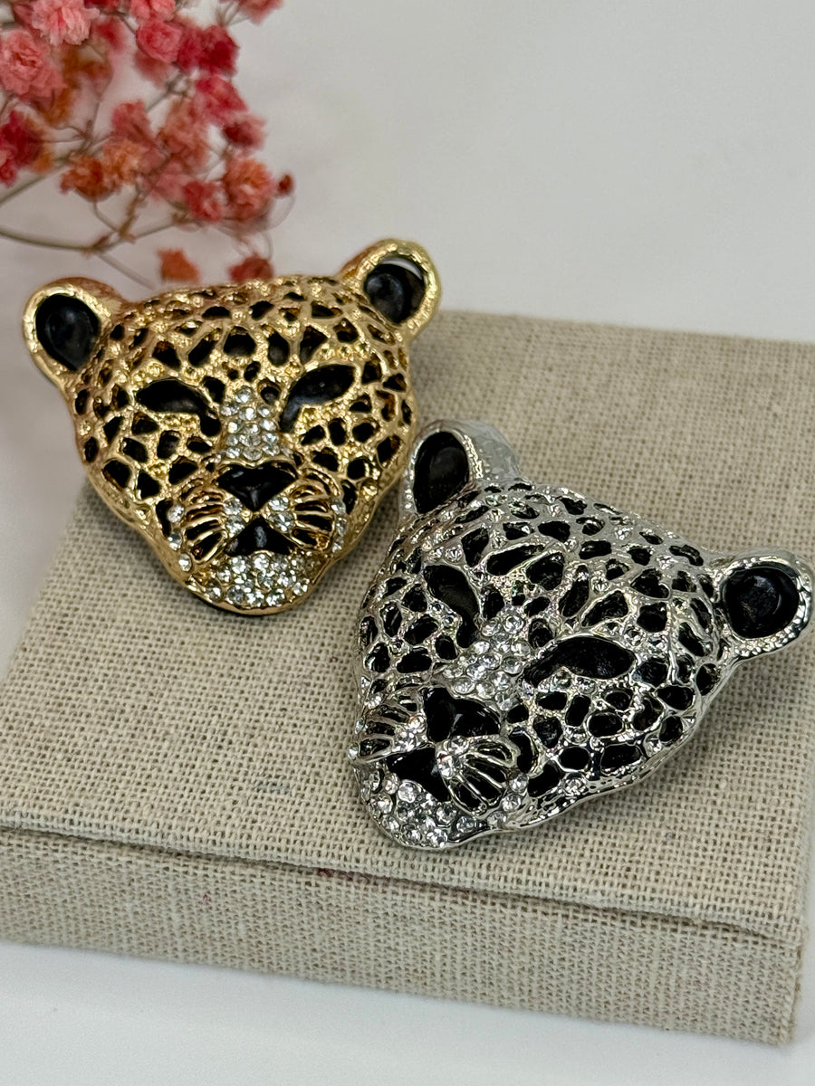 Broche léopard en acier inoxydable argentée - 4.5 cm