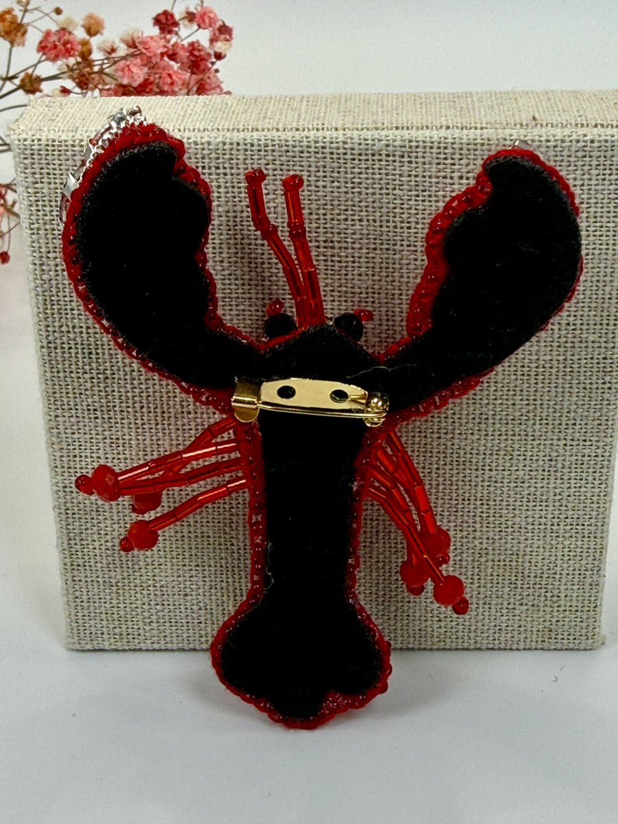 Broche homard rouge en tissu et strass – 9 cm