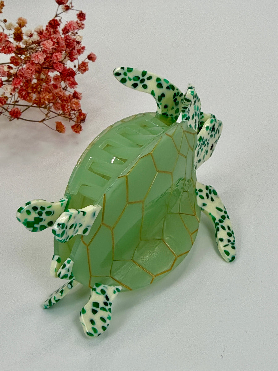 Pince à cheveux tortue verte et blanche en résine – 10,5 cm