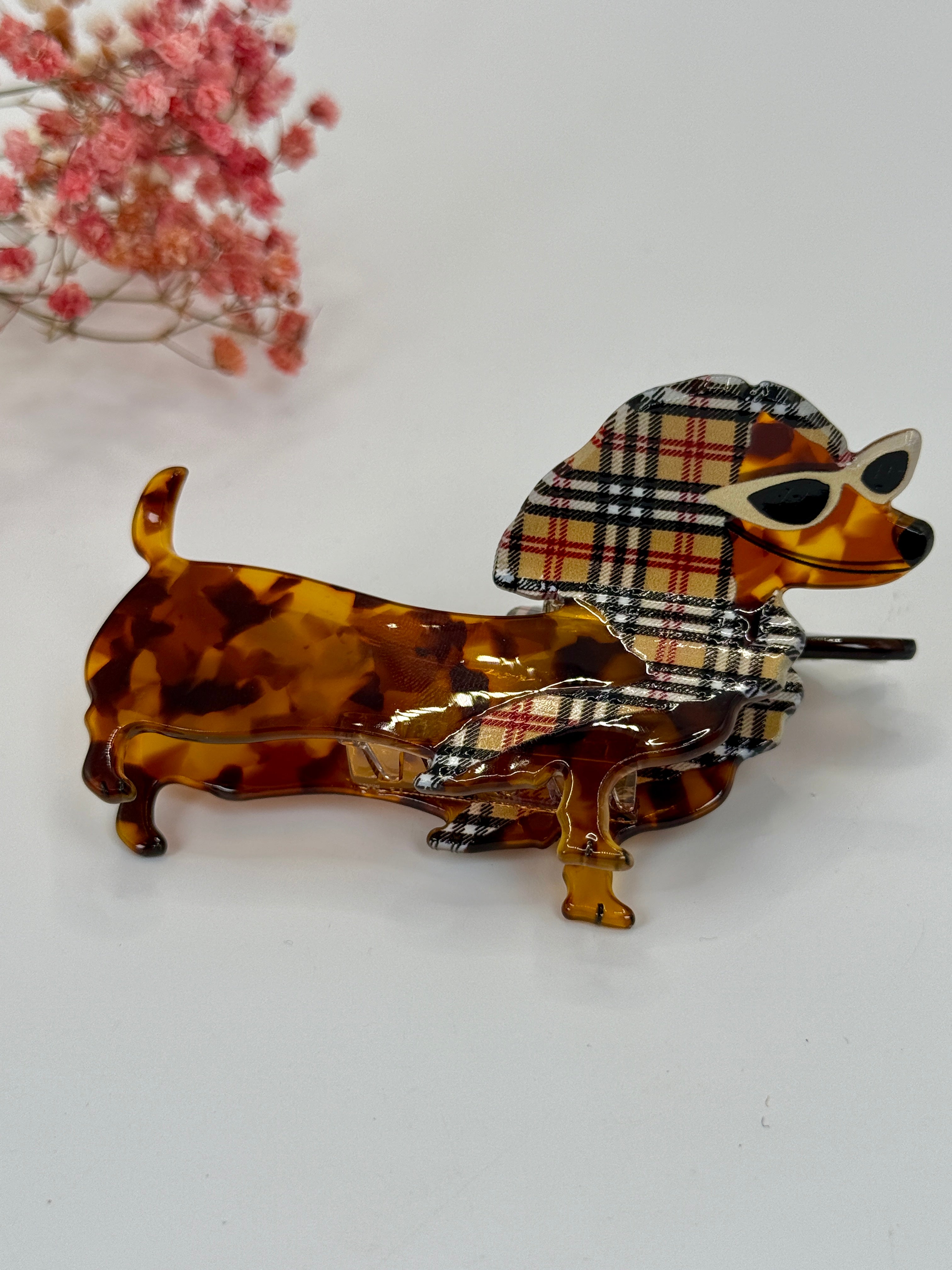 Pince à cheveux teckel tartan en résine – 9 cm
