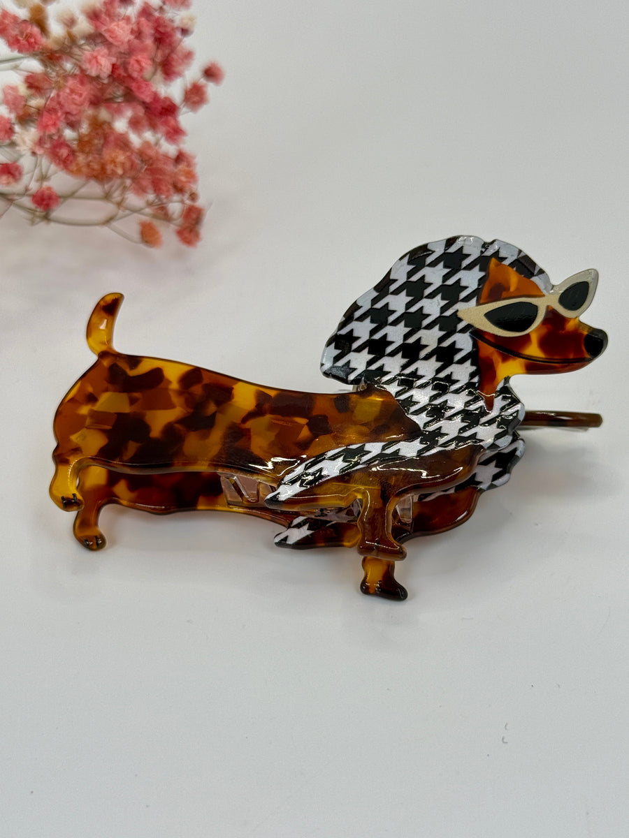 Pince à cheveux teckel pied-de-poule en résine – 9 cm