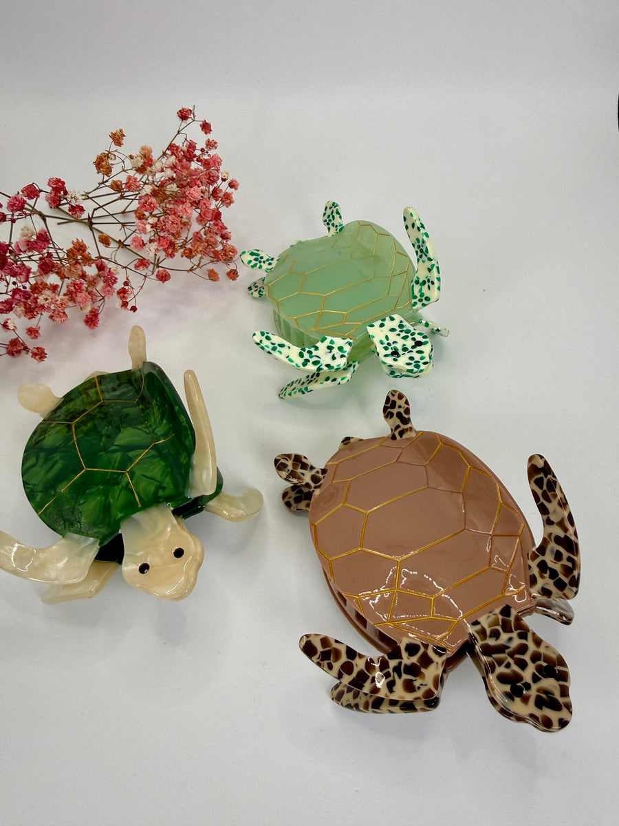 Pince à cheveux tortue verte et blanche en résine – 10,5 cm