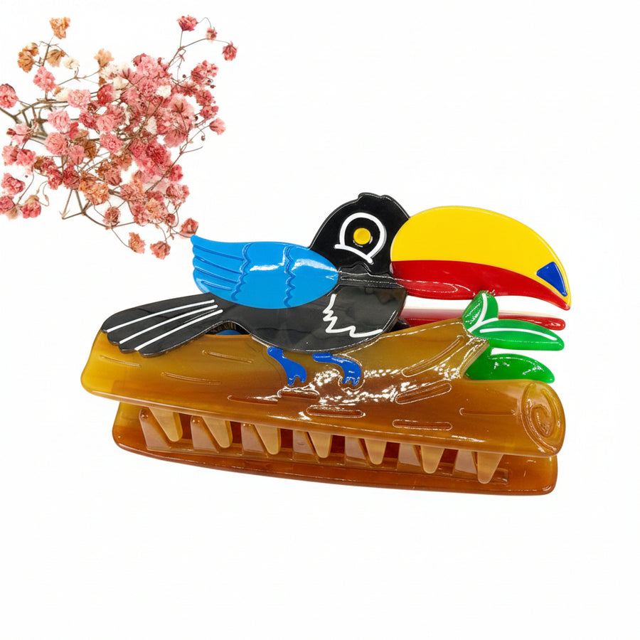 Pince à cheveux toucan en résine colorée – 10 cm