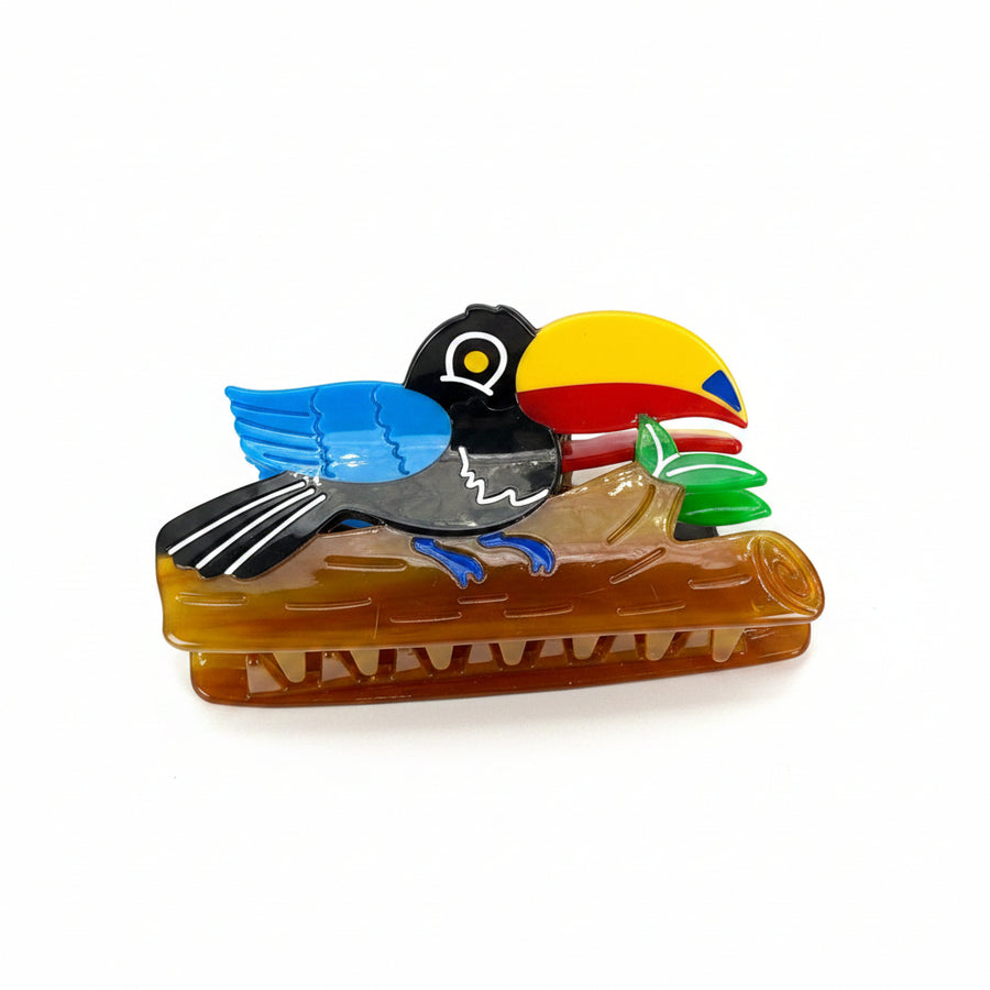 Pince à cheveux toucan en résine colorée – 10 cm