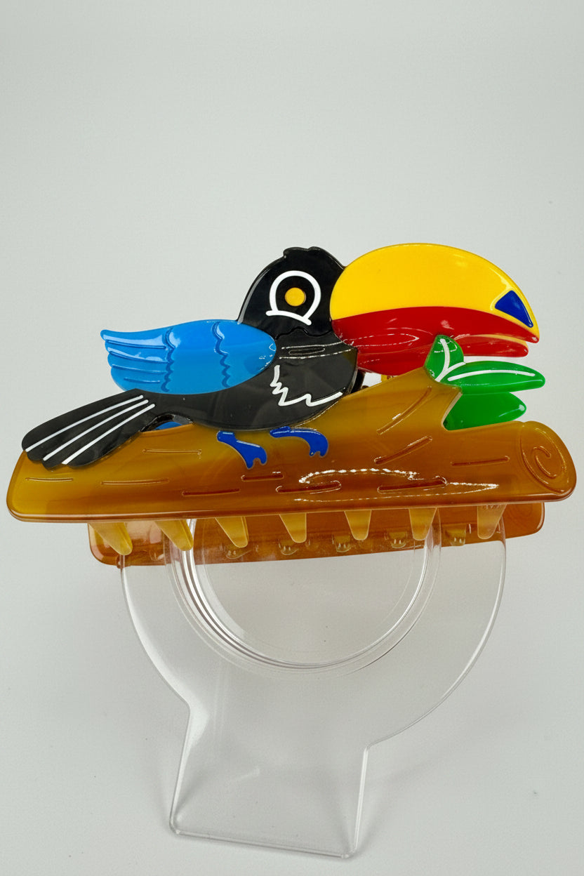 Pince à cheveux toucan en résine colorée – 10 cm