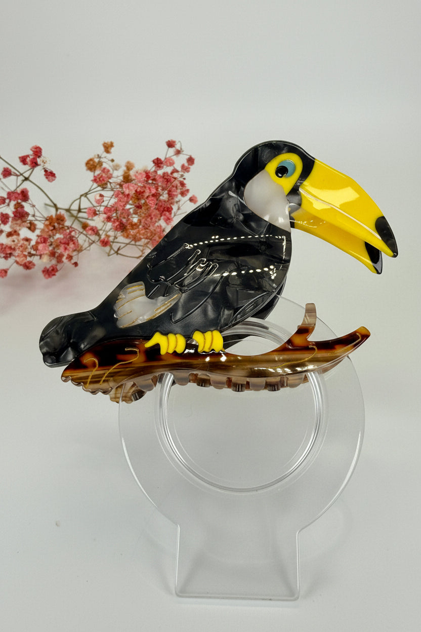 Pince à cheveux toucan noir et jaune en résine – 11,5 cm