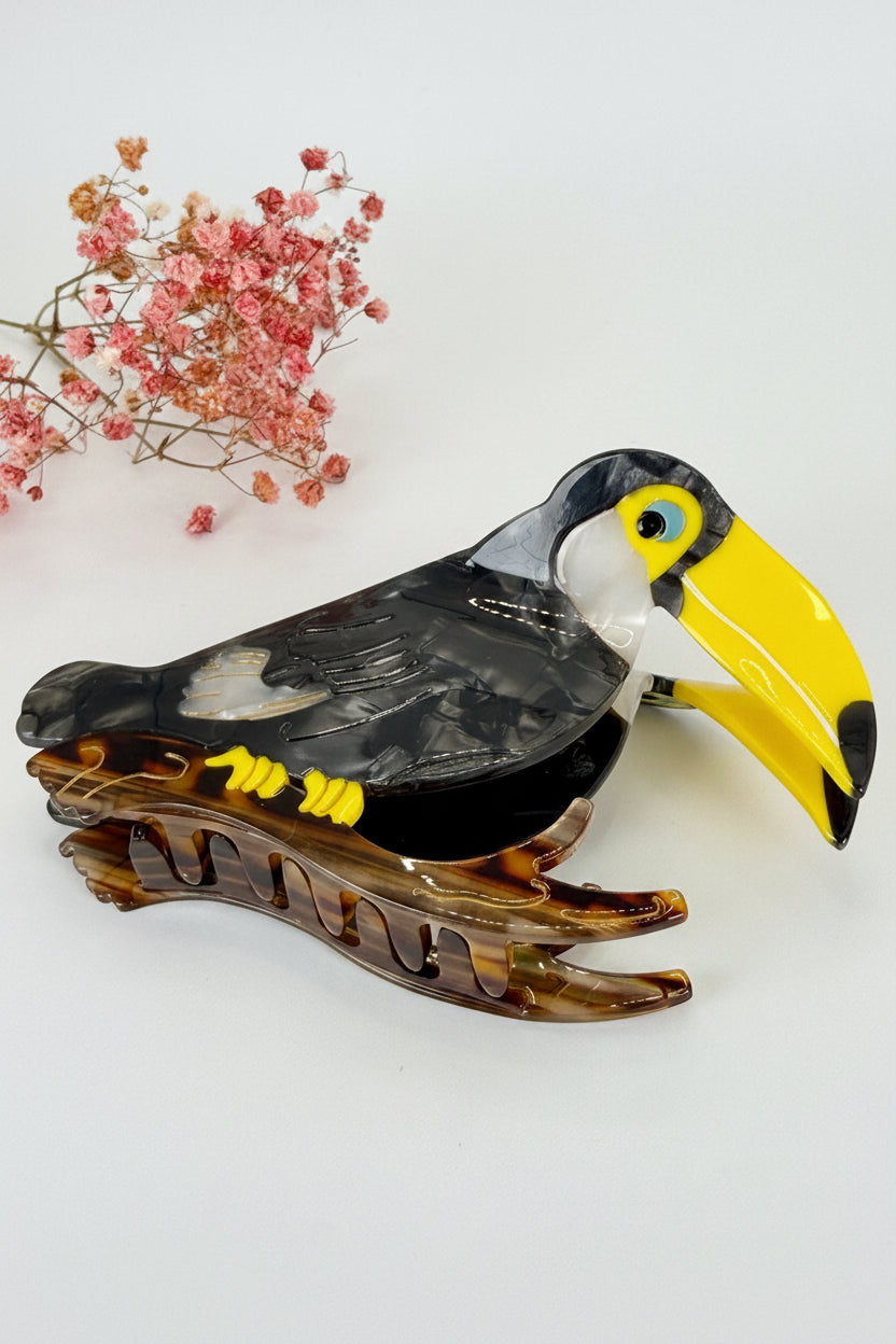 Pince à cheveux toucan noir et jaune en résine – 11,5 cm