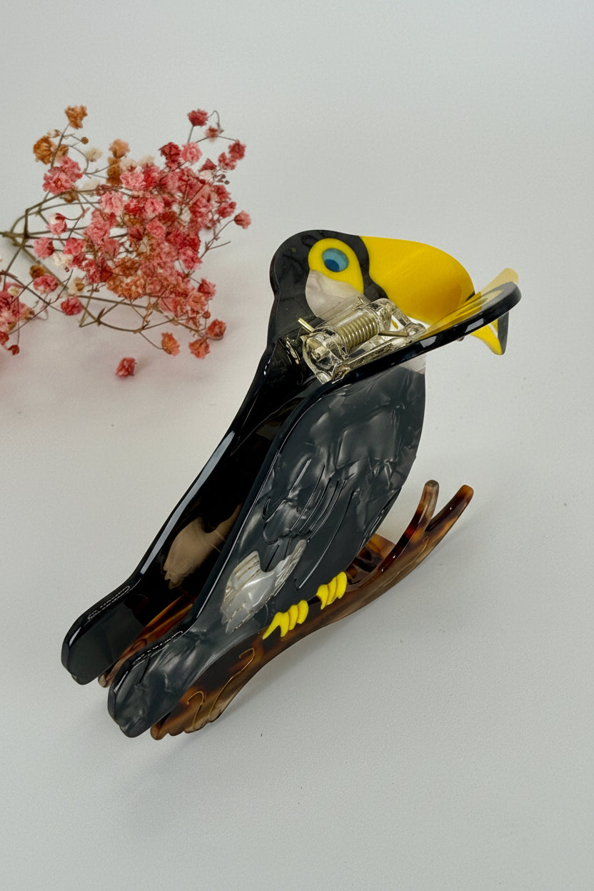 Pince à cheveux toucan noir et jaune en résine – 11,5 cm