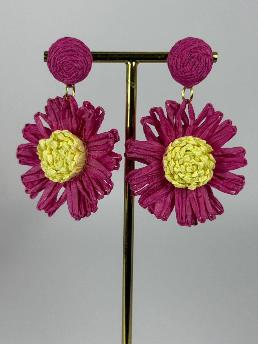 Boucles d'oreilles fleur fuchsia et jaune – bohème chic