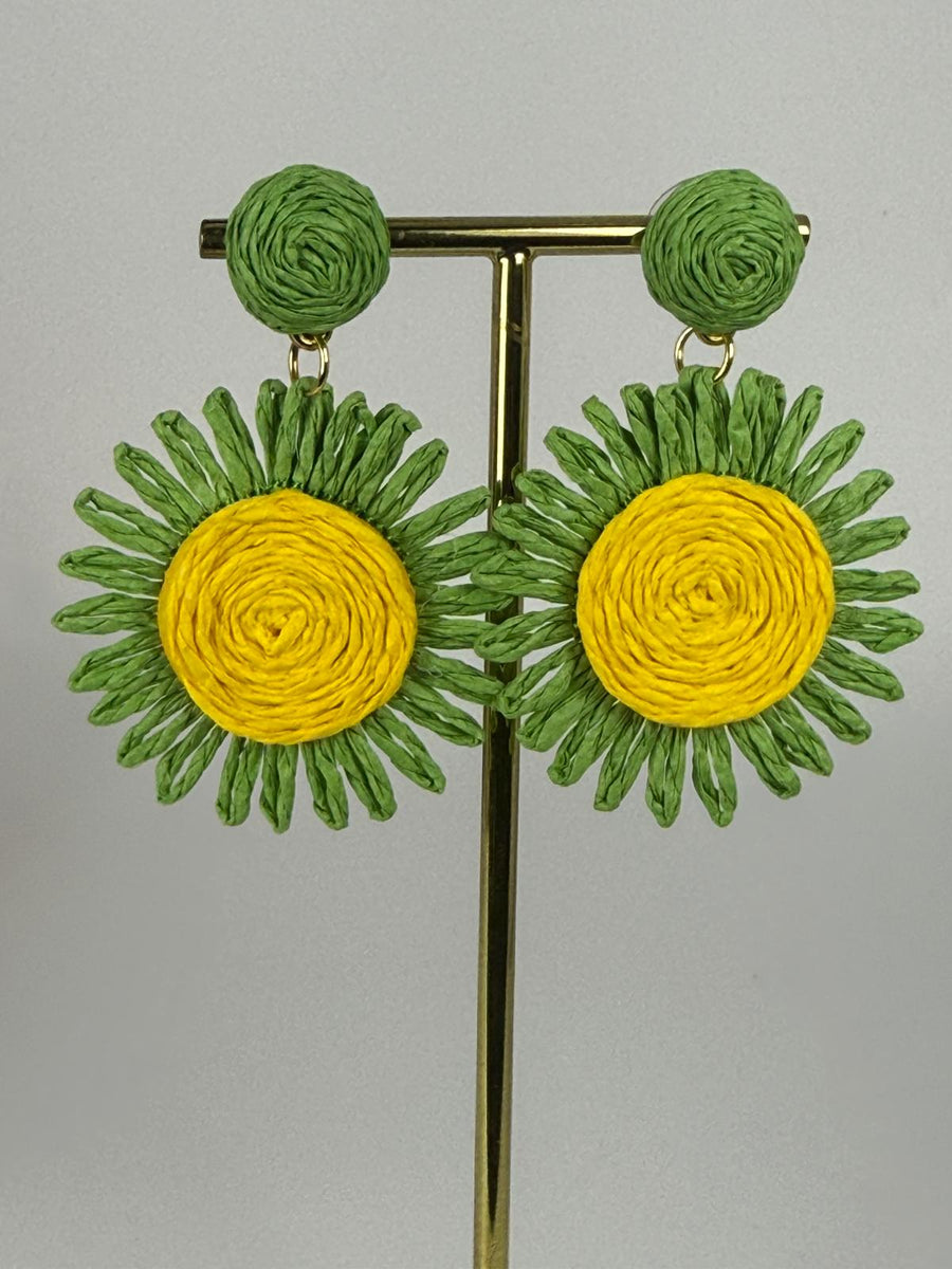 Boucles d’oreilles soleil vertes et jaunes diamètre 5cm – L’accessoire bohème solaire de l’été 💚☀️