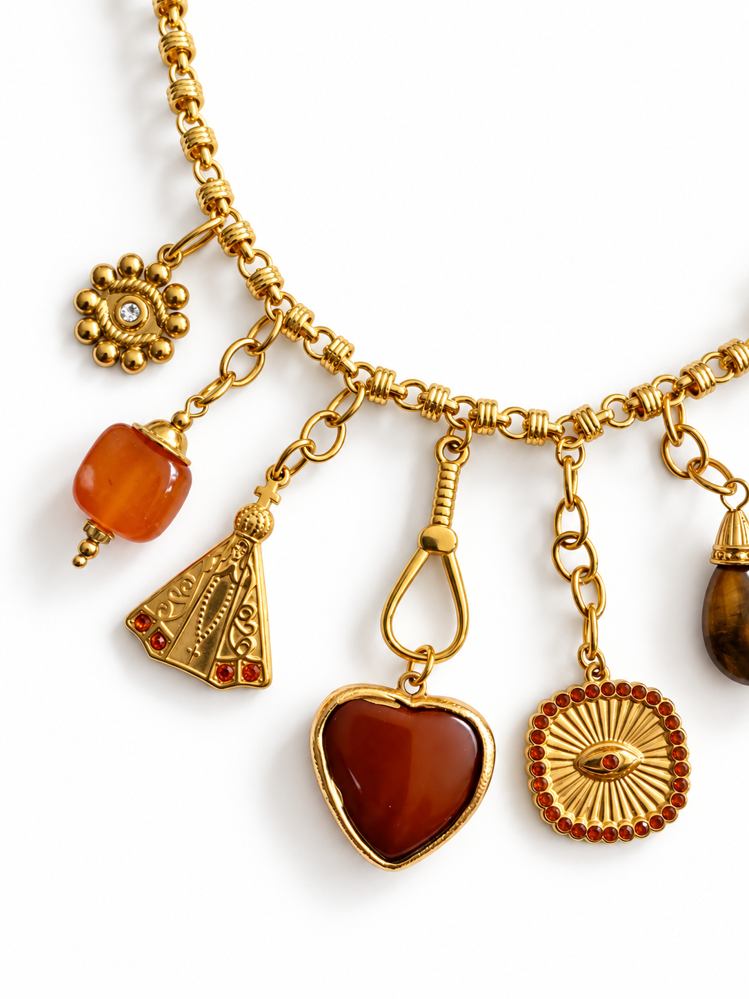 Collier breloques cœur terracotta en acier inoxydable doré