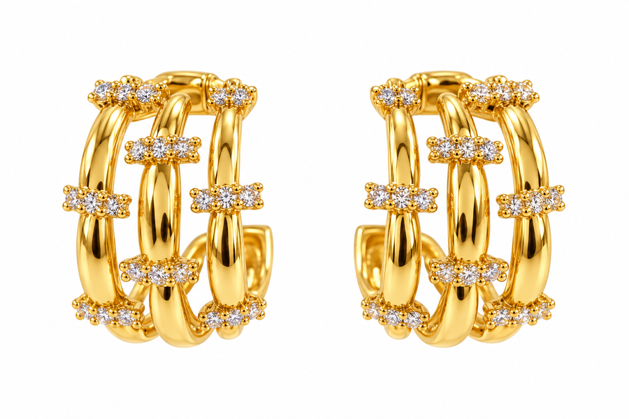 Boucles d'oreilles Mini créoles triple rang dorées et strass – 1,5 cm
