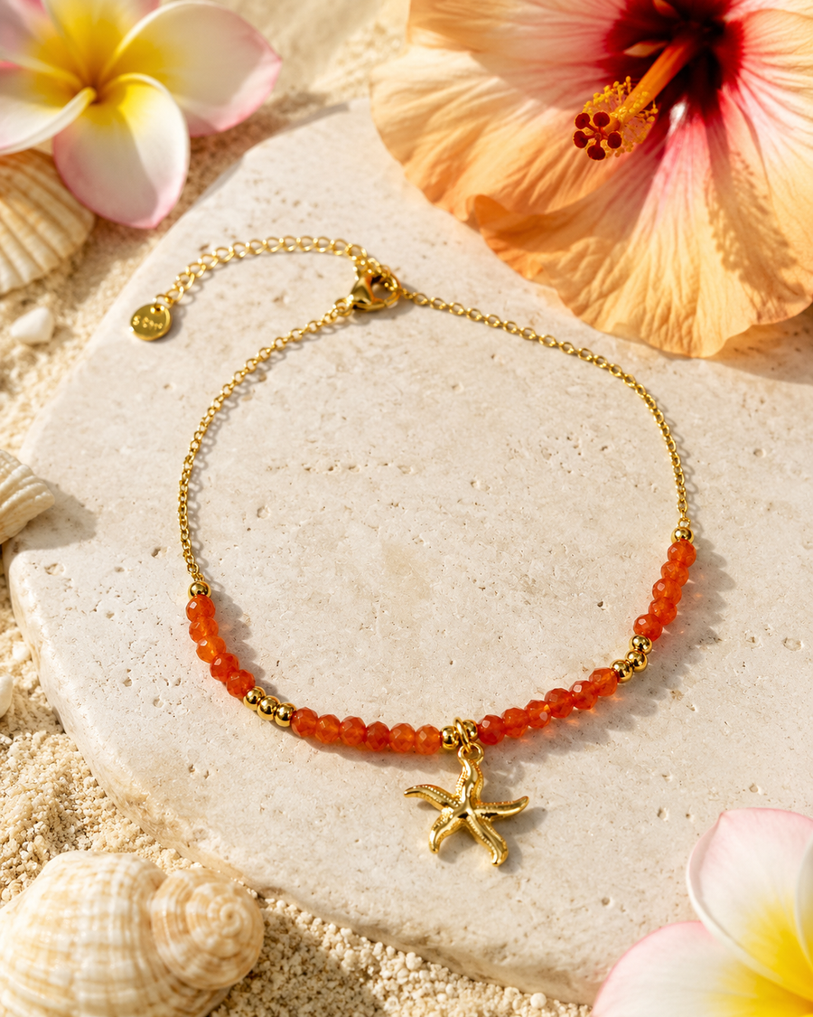 Bracelet de cheville doré ajustable avec perles orange et étoile de mer