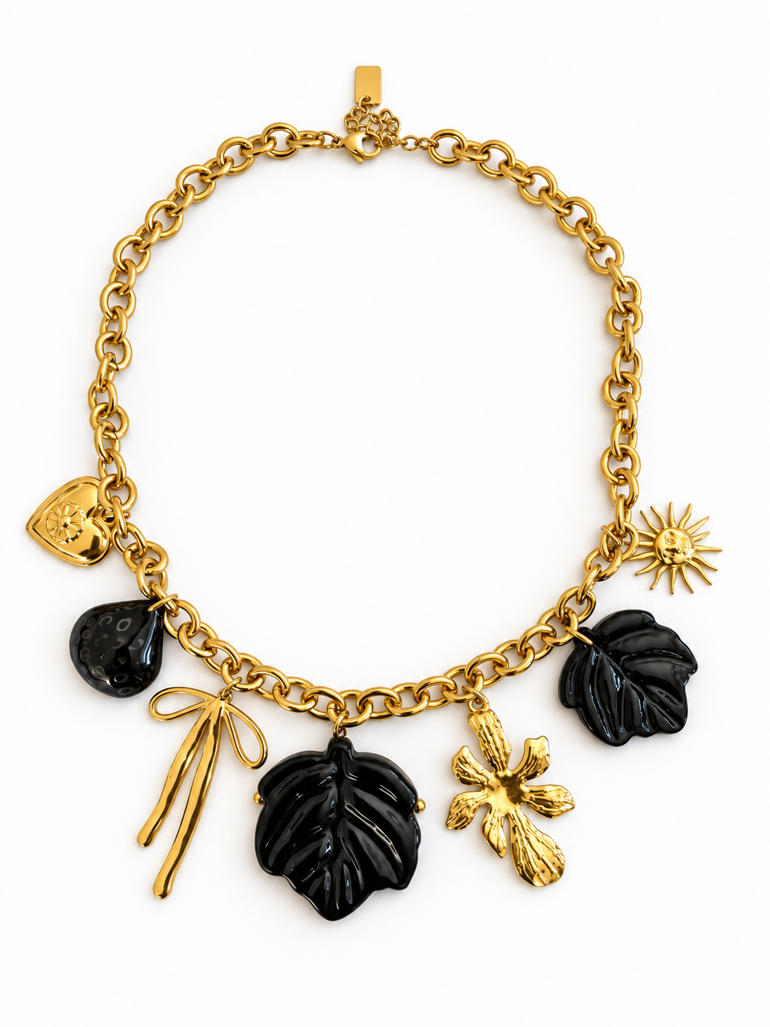 Verstellbare Halskette mit goldenem und rotem Herz – Barock & Sakralstil, braune Perlen.