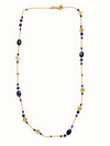Collier sautoir à perles colorées et pastilles dorées – 89 cm