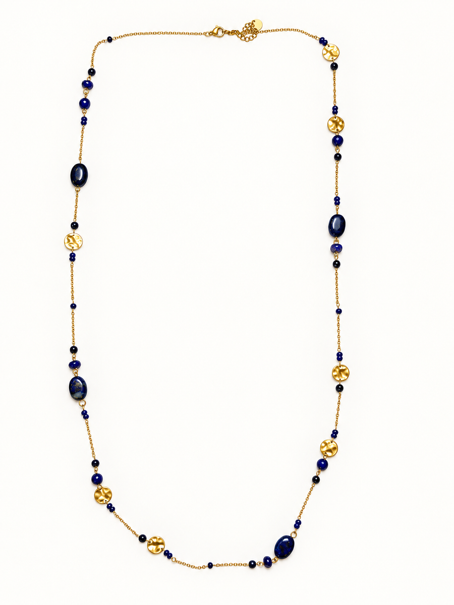 Collier sautoir à perles colorées et pastilles dorées – 89 cm