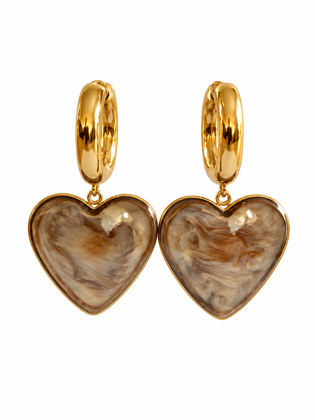Boucles d’oreilles cœur marbré beige en acier inoxydable doré – 5 cm