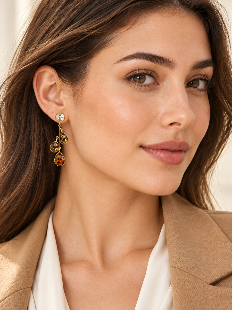 Boucles d’oreilles pendantes à trois gouttes facettées – rouge ou ambré – 3,5 cm