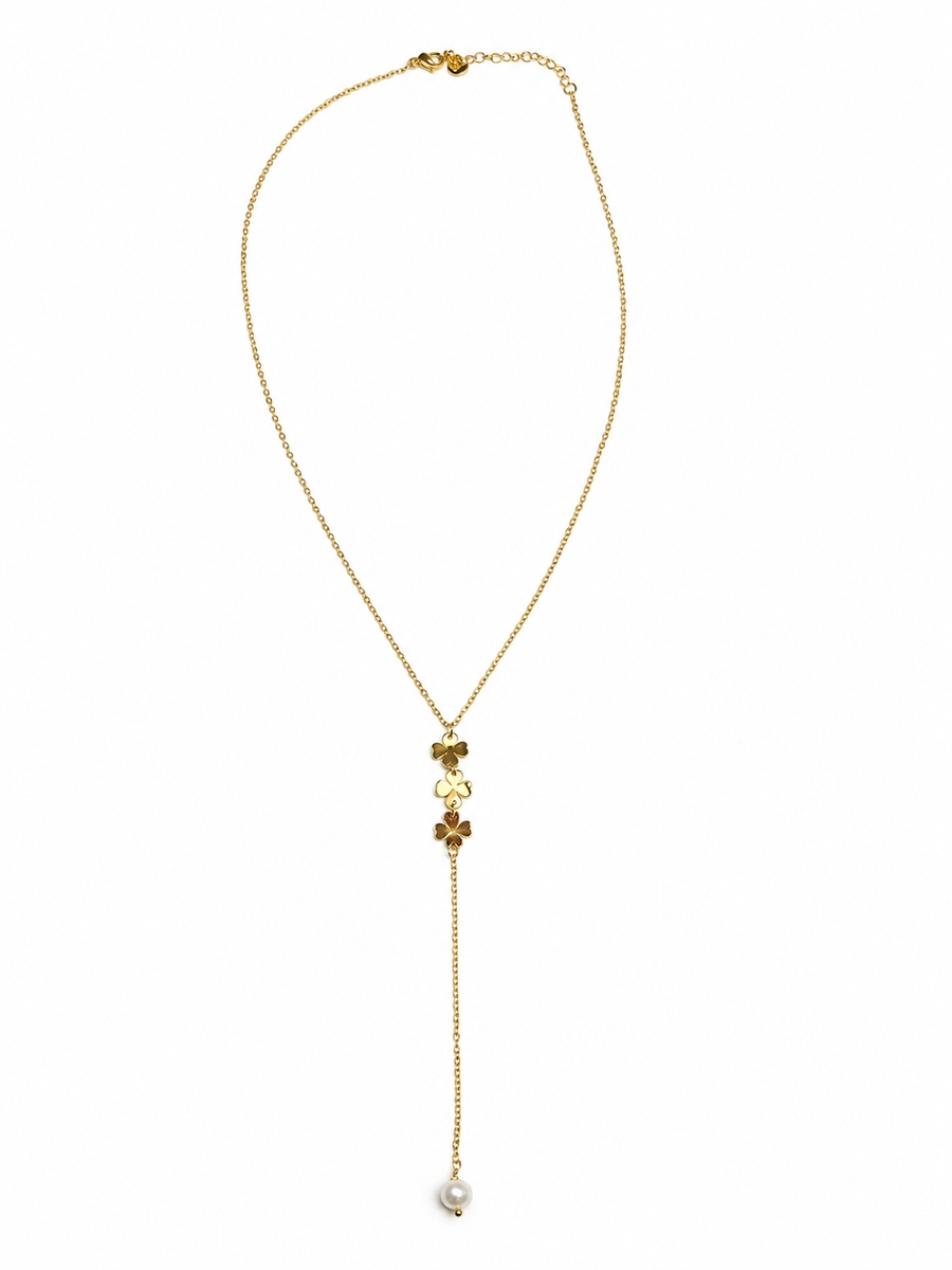 Collier Y trèfles et perle en acier inoxydable – Bijou fin et raffiné