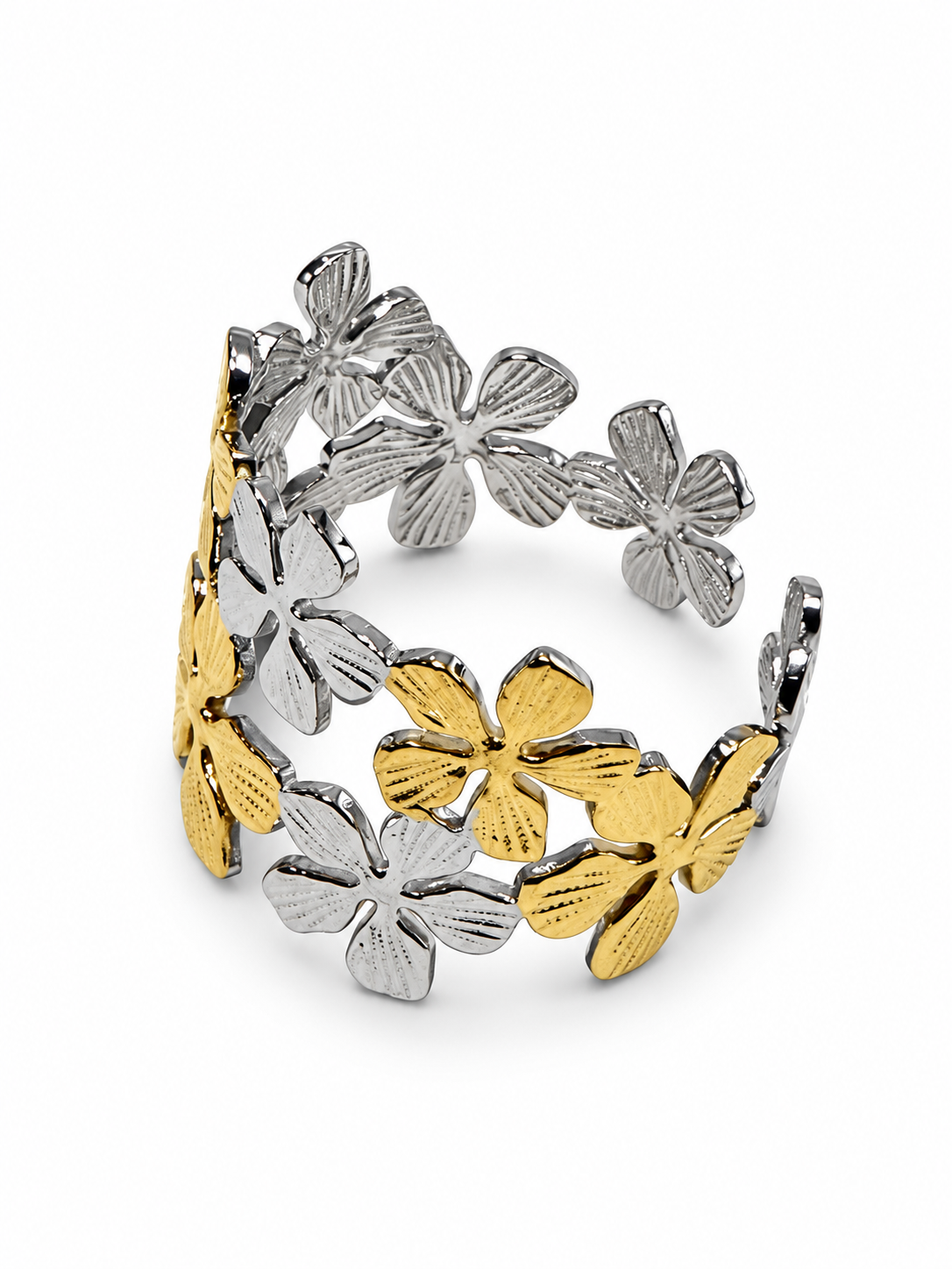 Bague fleurs bicolore en acier inoxydable – Réglable, largeur 1,5 cm
