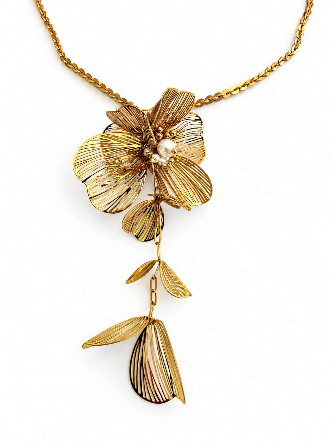 Verstellbare Halskette mit goldenem und rotem Herz – Barock & Sakralstil, braune Perlen.