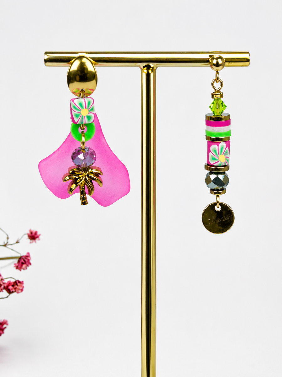 Boucles d’oreilles dépareillées roses en acier inoxydable – Style pop et féminin