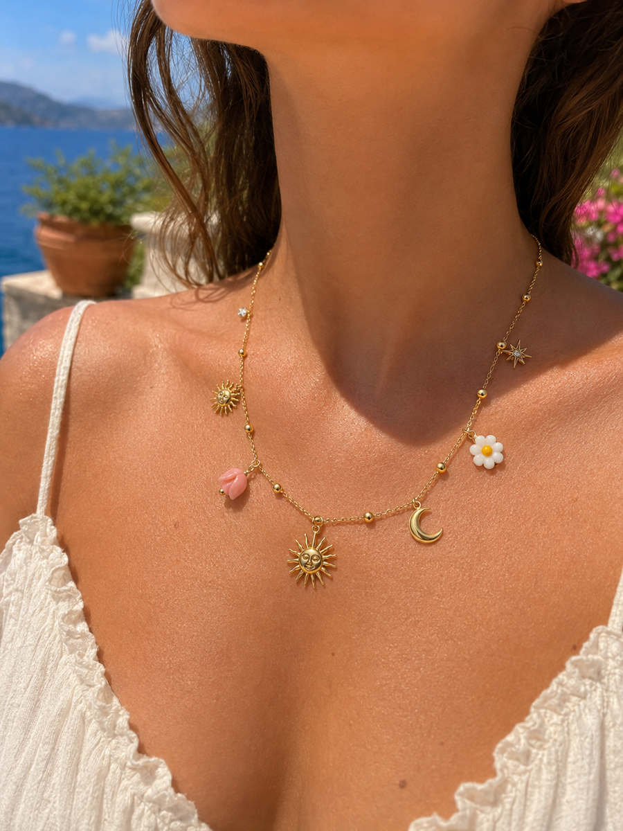 Collier charms soleil et lune en acier inoxydable doré – style bohème estival