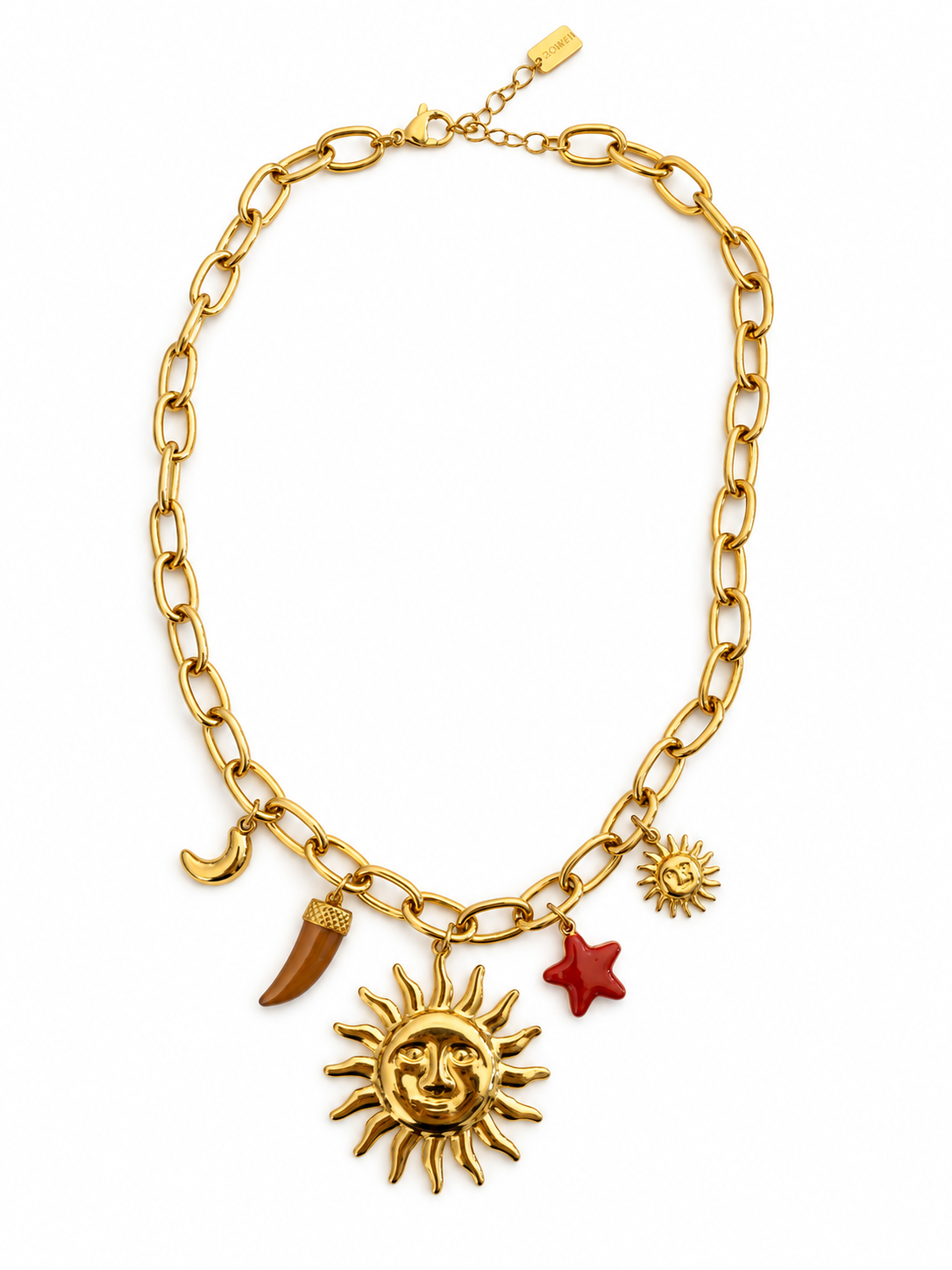 Verstellbare Halskette mit goldenem und rotem Herz – Barock & Sakralstil, braune Perlen.