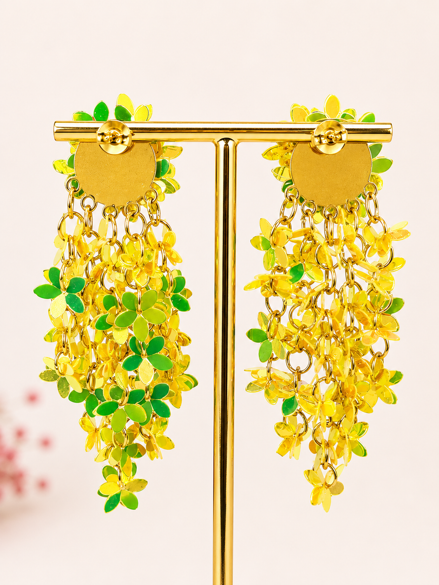 Boucles d’oreilles pendantes fleurs jaunes et vertes – Longueur 8 cm