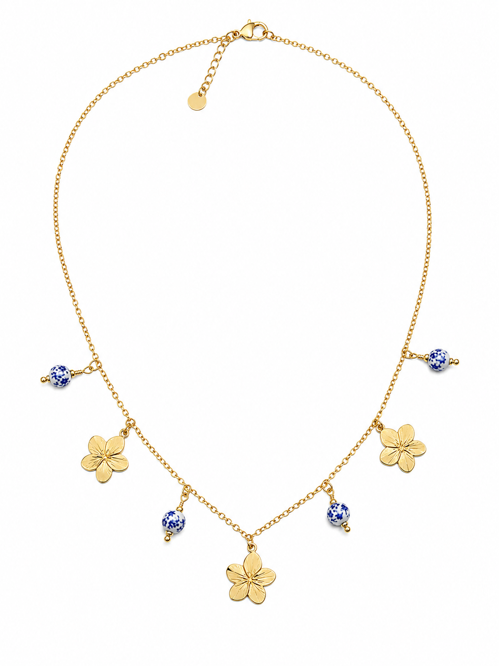 Collier charms fleurs et perles bleues en acier inoxydable doré – esprit méditerranéen chic