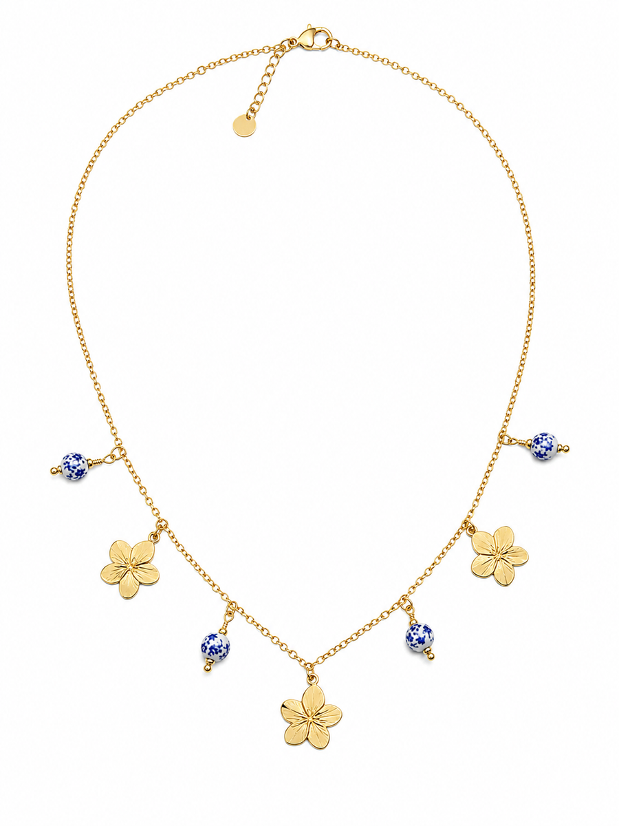 Collier charms fleurs et perles bleues en acier inoxydable doré – esprit méditerranéen chic