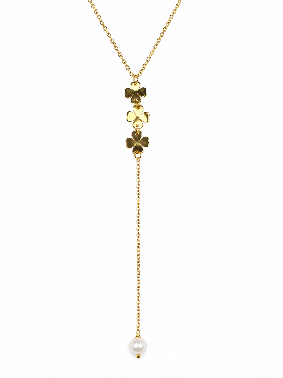 Collier Y trèfles et perle en acier inoxydable – Bijou fin et raffiné