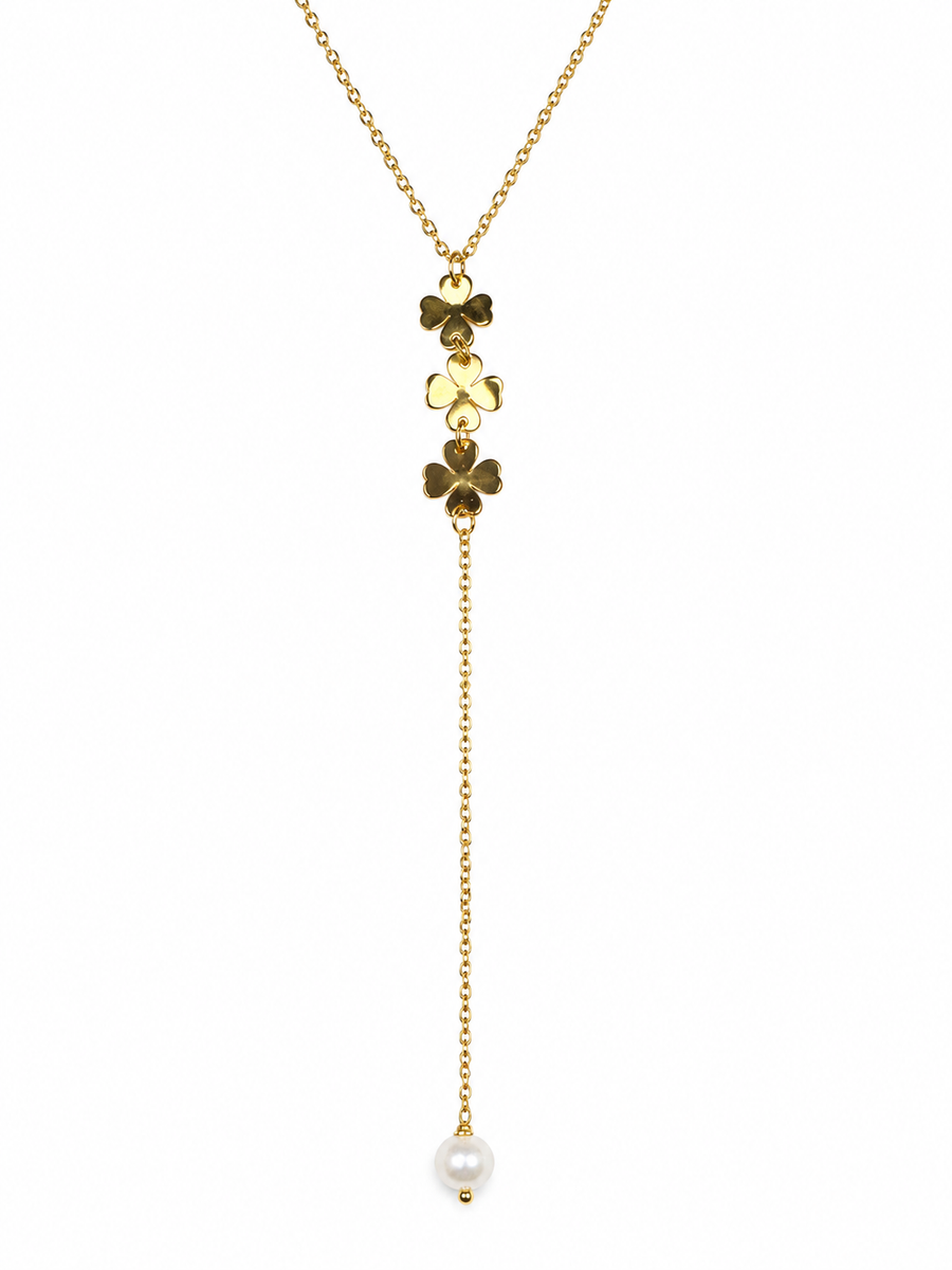 Collier Y trèfles et perle en acier inoxydable – Bijou fin et raffiné
