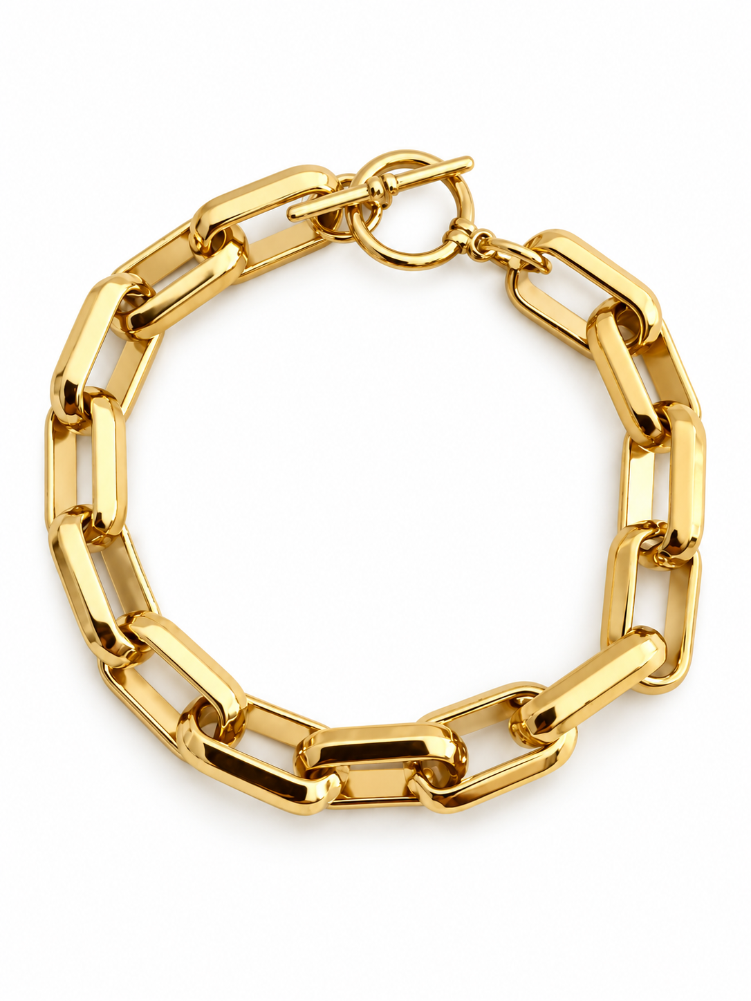 Bracelet maille rectangulaire en acier inoxydable doré – Fermoir T, 18 cm