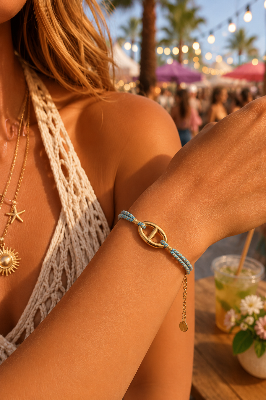 Bracelet chaîne d’ancre en acier inoxydable doré et corde bleu
