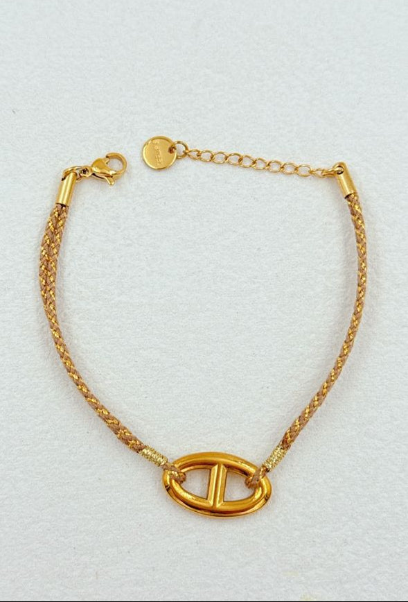 Bracelet chaîne d’ancre en acier inoxydable doré et corde chocolat