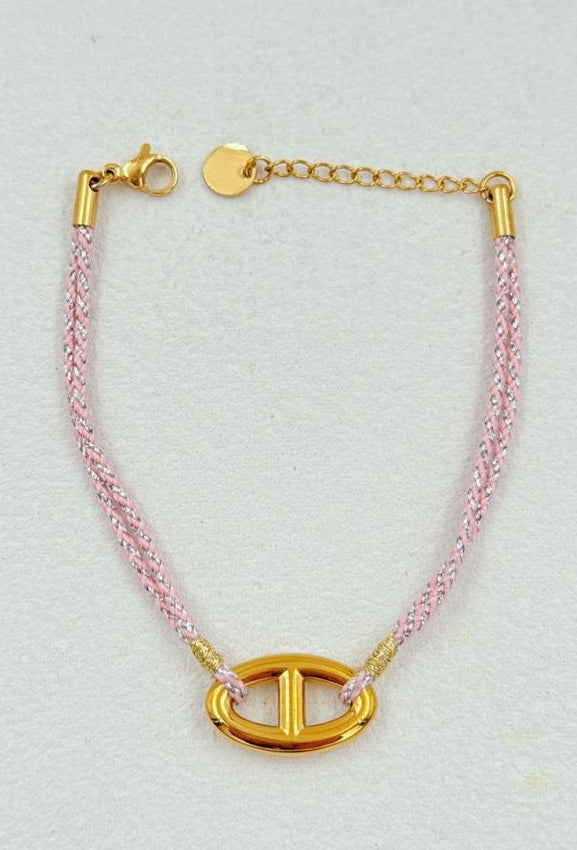 Bracelet chaîne d’ancre en acier inoxydable doré et corde rose