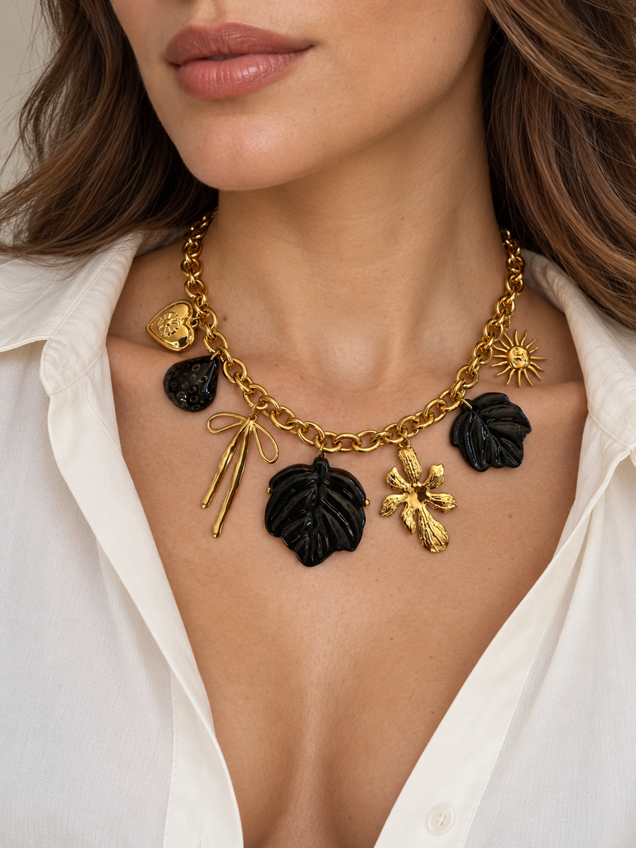 Collier à breloques feuilles noires et dorées en acier inoxydable