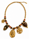 Collier doré à breloques fleuries et perles brunes en acier inoxydable