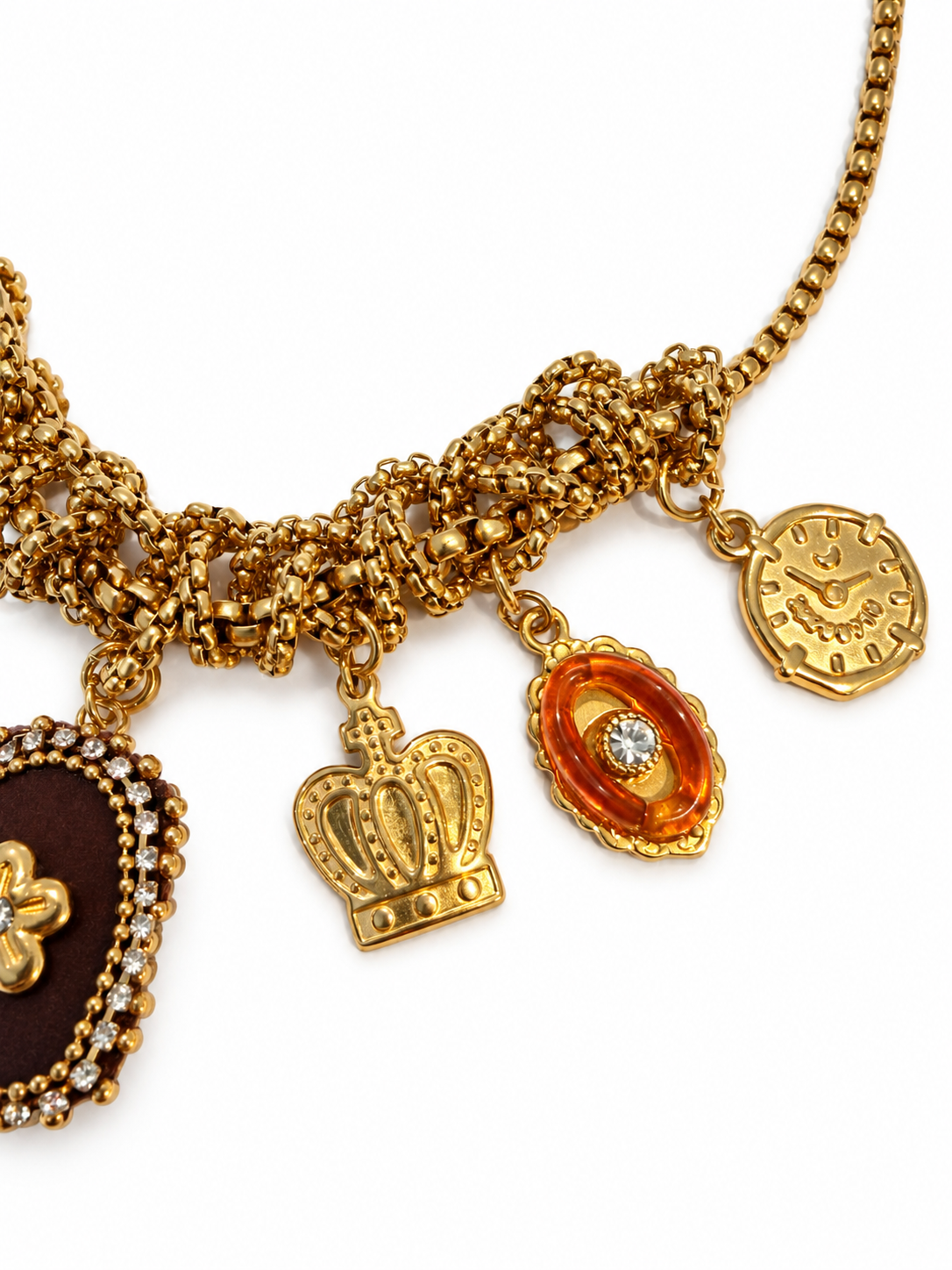Collier doré à breloques et médaillon fleur brun en acier inoxydable