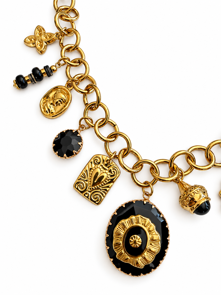 Collier à breloques noir et doré en acier inoxydable