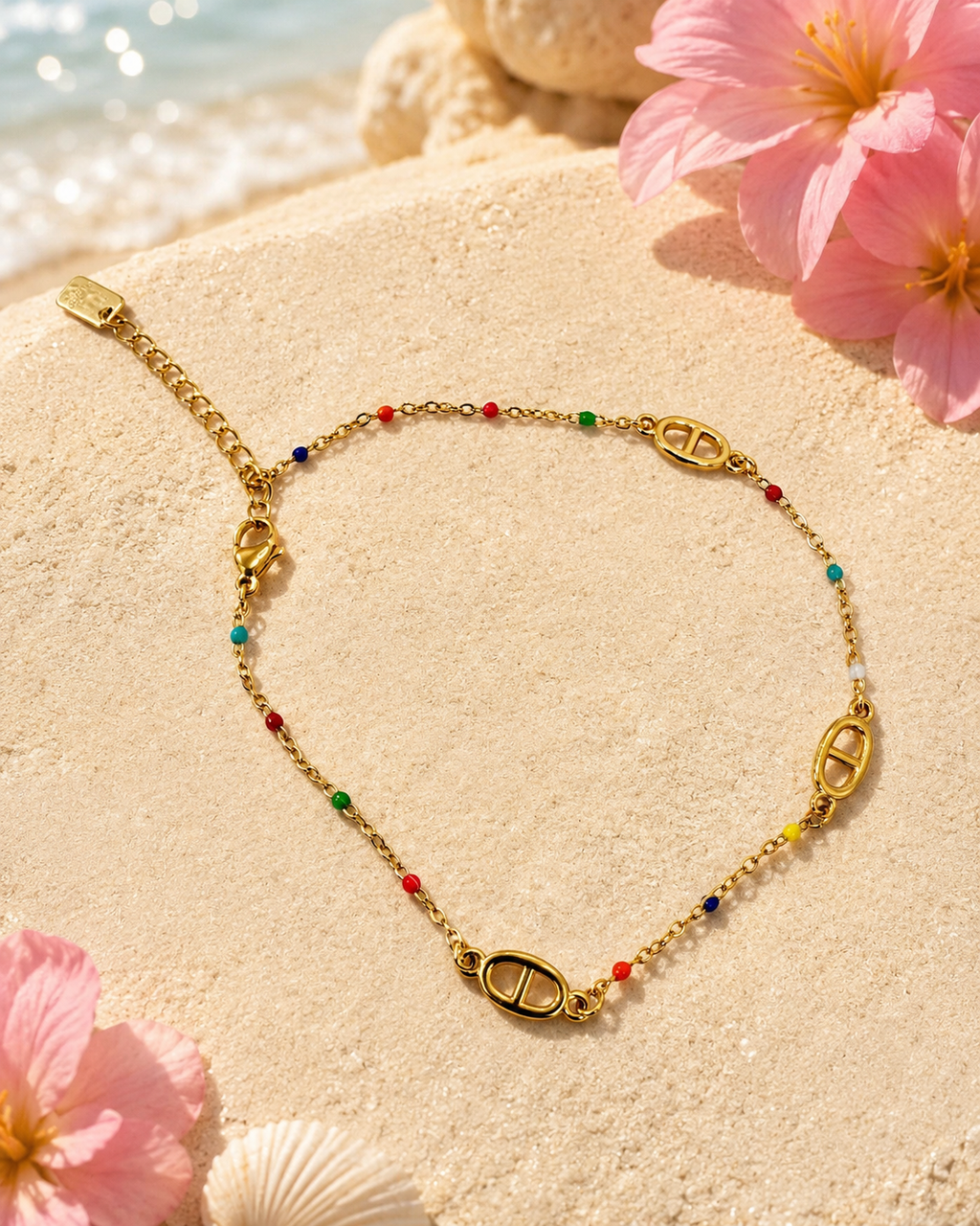 Bracelet de cheville chaîne d’ancre et perles multicolores ajustable