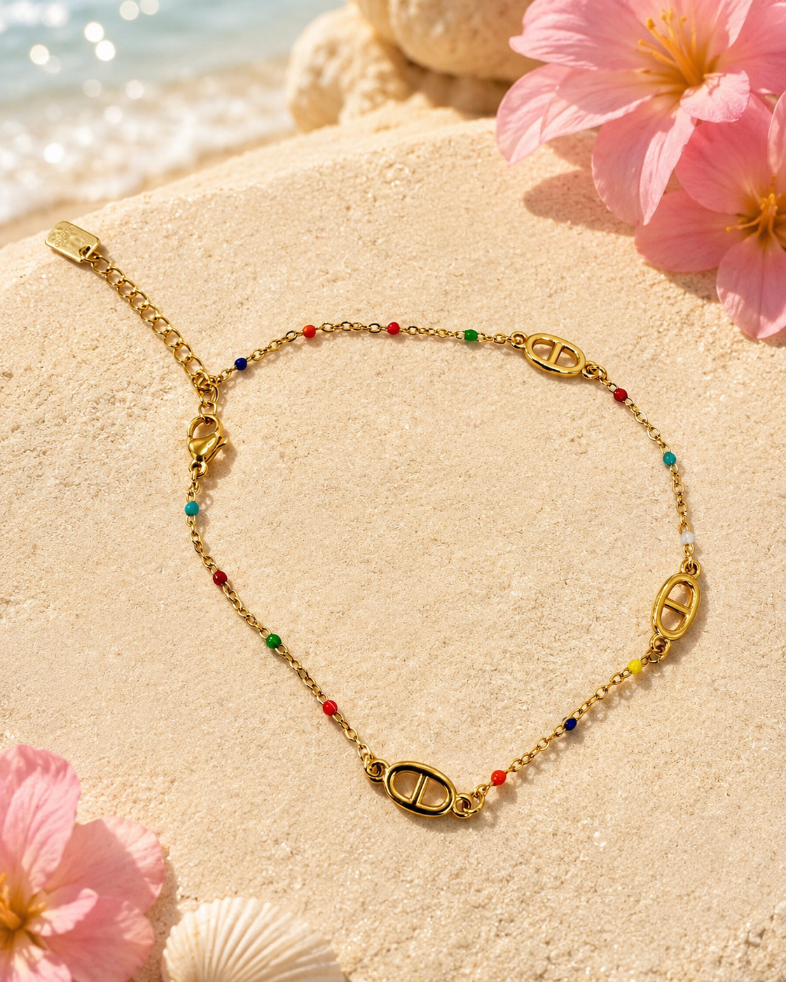 Bracelet de cheville chaîne d’ancre et perles multicolores ajustable
