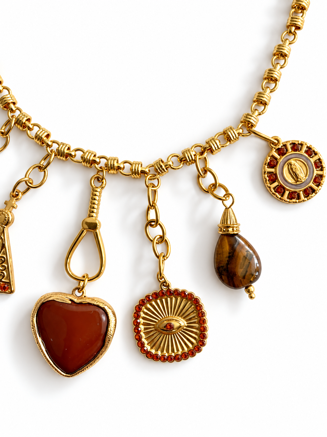 Collier breloques cœur terracotta en acier inoxydable doré