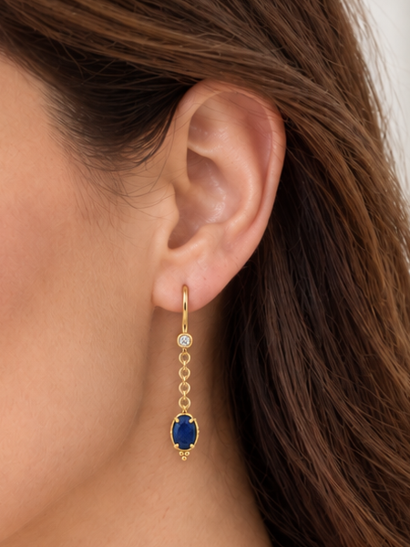 Boucles d’oreilles pendantes à chaînette et pendentif ovale rouge ou bleu – Acier inoxydable doré, 3,5 cm