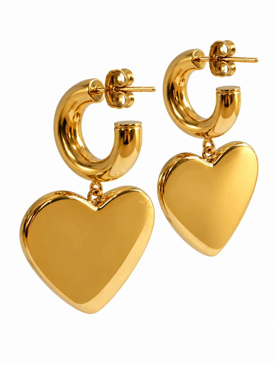 Boucles d’oreilles cœur marbré beige en acier inoxydable doré – 5 cm
